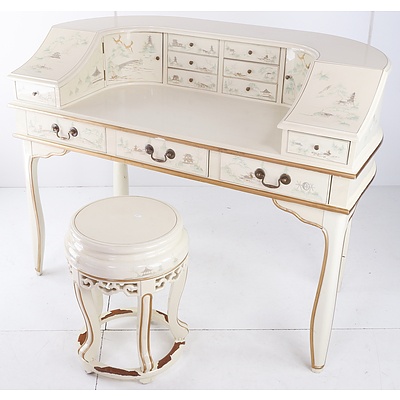 Antique Style Chinese White Lacquered Dressing Table with Matching Stool