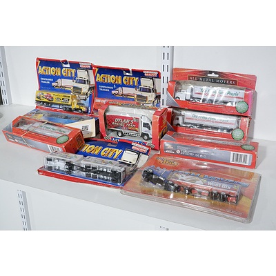 Ten Various Small Scale Model Trucks including Action City and All Metal Movers