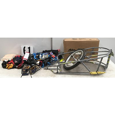 Large Assortment Of Bicycle Accessories, LifeJackets, Fishing Rod And Bike Rack