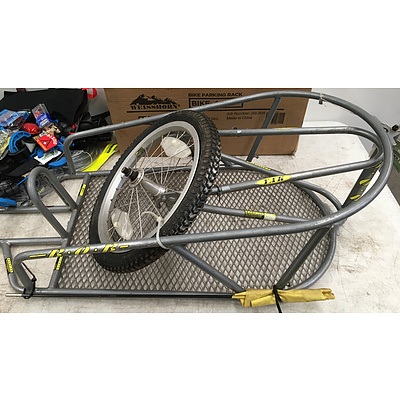 Large Assortment Of Bicycle Accessories, LifeJackets, Fishing Rod And Bike Rack
