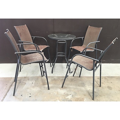 High Style Outdoor Glass Topped Table And Chairs - Lot Of Five