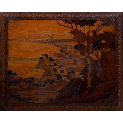 Timber Inlaid Coastal Scene, 51 x 83 cm (overall)