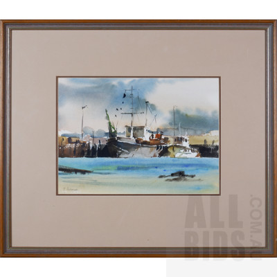 Ross Paterson (born 1946), Untitled (Wharf Scene with Boats), Watercolour, 26 x 36 cm