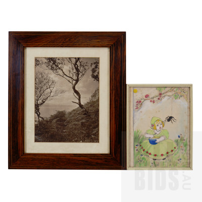 An Antique Landscape Photograph Together with a Hand-Coloured Miss Muffet Print, Largest 31 x 24 cm