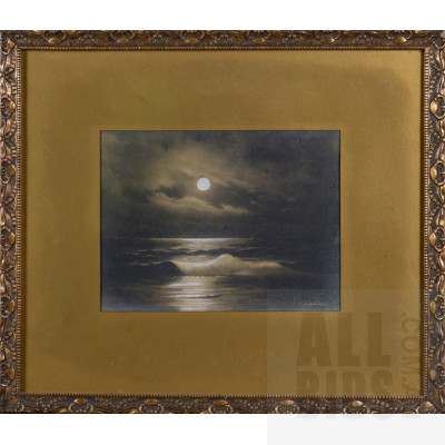 Australian School (20th Century), Untitled (Moonlight at Sea), Oil on Paper Heightened with White, 19 x 25 cm