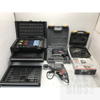 Ozito Jigsaw and Powerdrill, Ryobi Jigsaw, Super Works Sander, Hand Tool Kit and Drill Bit Kit
