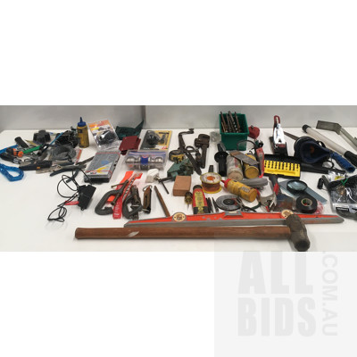 Assortment Of Tools And Hardware Including Vintage Stilson Wrench, Block Lifter And Safety Gear