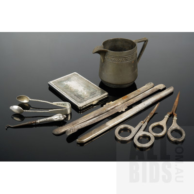 Birks Sterling Silver Handled Manicure Scissors, Victorian Sterling Silver Miniature Tongs, Silver Plated Creamer Jug and More