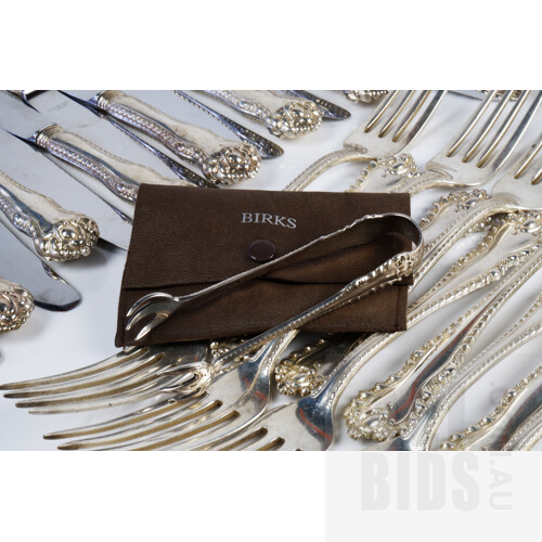 Extensive 103 Piece Birks Sterling Silver Flatware Service, Including Carvings Sets, Cake Slice, Four Serving Spoons and More, 20th Century, 3780g