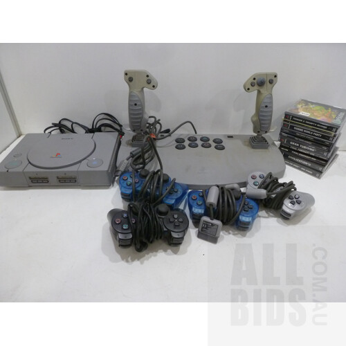 Sony Playstation Console, Dual Joystick and Single Controllers and Eight Games, USB Headphones and Mouse