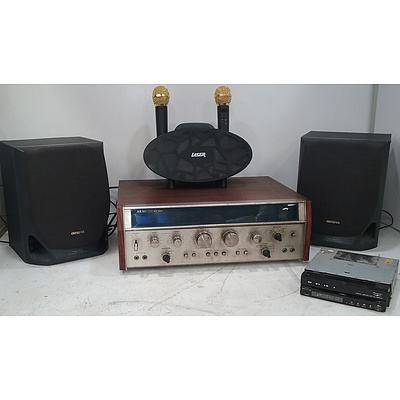 Assorted Audio Components Including Akai Tuner. AIWA Speakers, Pioneer Car Audio Equipment