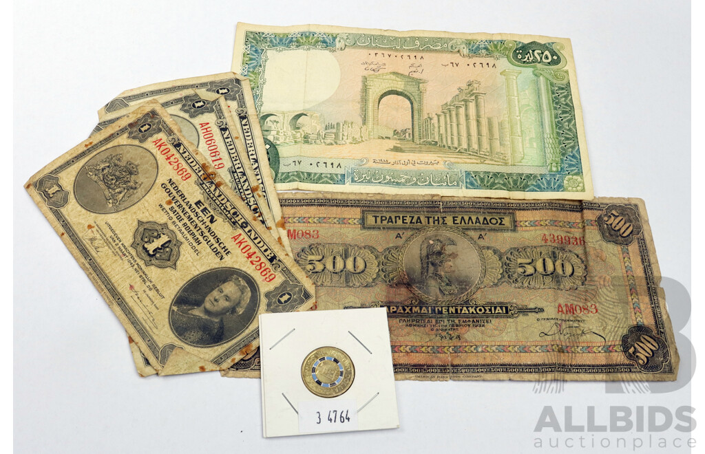 Collection of Vintage International Paper Bank Notes Including 1943 Netherlands Dutch Indies, Greece, Lebanon and 2019 Two Dollar Coin Mr Squiggle