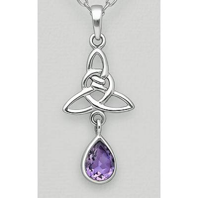 Sterling Silver Celtic Swirl Pendant, With Natural Amethyst Drop