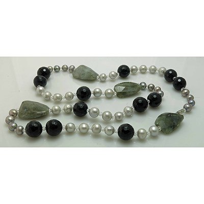 Double Length Necklace Of Cultured Pearls, Facetted Black Beads (15.5mm) And Facetted Labradorite