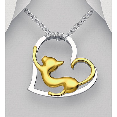 Sterling Silver Heart Pendant With 18ct Gold-Plated Cat