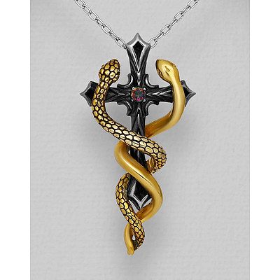 Oxidised Sterling Silver Cross With Brass Snakes