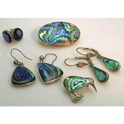 Collection Of Vintage Silver Nz Paua Shell Earrings & Brooches