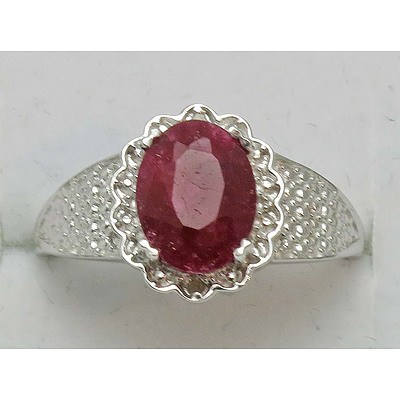 Sterling Silver Dress Ring, Set With Ruby - Enhanced, With 2 Tiny Diamonds