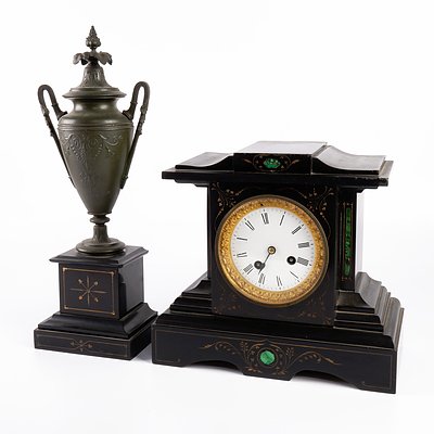 Antique French Japy Freres and Co Black Slate Mantle Clock with Inlaid Malachite Medallions and Urn Garniture