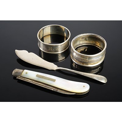 Two Sterling Silver Napkin Rings, Butter Knife and Pocket Knife with Mother of Pearl handle