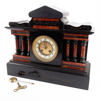 Antique Black Slate mantle Clock with Brown Marble Columns and Highlights