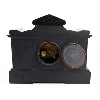 Antique Black Slate mantle Clock with Brown Marble Columns and Highlights