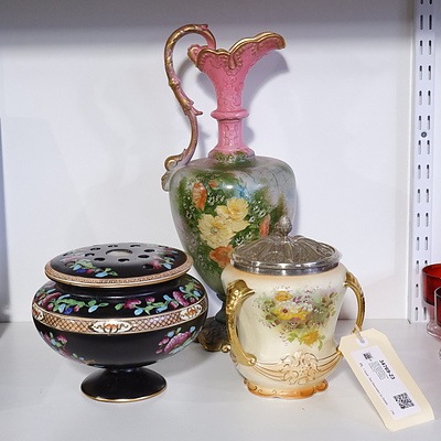 Vintage Royal Devon Porcelain and Silverplate Biscuit Barrel, Gibson & Sons Windsor Art Ware Pedestal Vase with Frog and a German Porcelain Urn