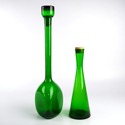 Two Mid Century Scandinavian Green Glass Decanters