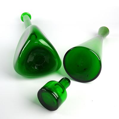 Two Mid Century Scandinavian Green Glass Decanters
