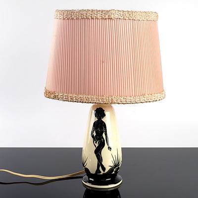 Vintage Australian Jedda Pottery Table Lamp with Black Lady Motif and Shade