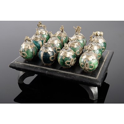 Chinese Silver Plated and Hardstone Zodiac Animal Figures on Wooden Table