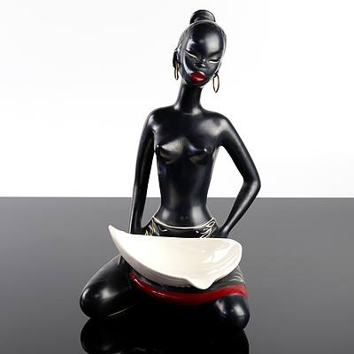 Barsony Seated Lady with Hoop Earrings Ceramic Ashtray, H-32
