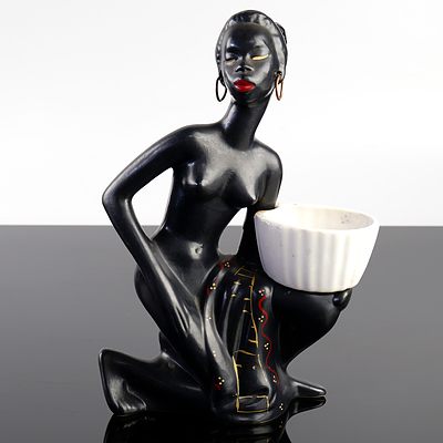  Barsony Ceramic Kneeling Lady with Hoop Earrings and Bowl, H-27