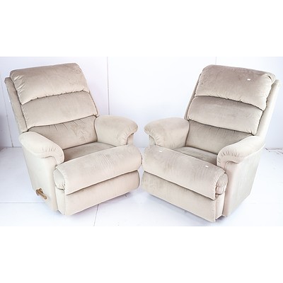 Pair of Lay-Z-Boy Reclining Armchairs in Light Brown Fabric Upholstery
