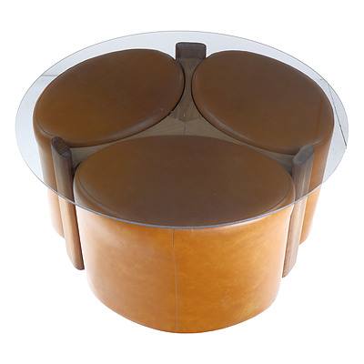 Vintage Original TH Brown Fondue Table with Three Original Vinyl Upholstered Nesting Stools and Glass Top