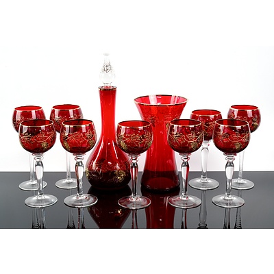 Large Collection of Vintage Bohemia Ruby Glass Pieces with Grape Vine Pattern