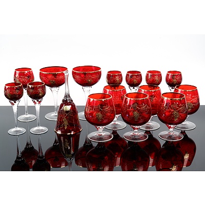 Large Collection of Vintage Bohemia Ruby Glass Pieces with Grape Vine Pattern