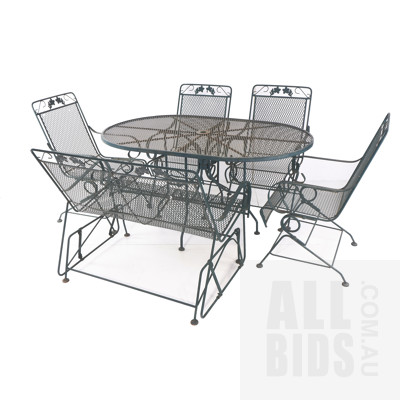 Vintage Wrought Iron Garden Setting - Table, Four Armchairs and Rocking Two-Seater
