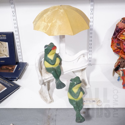 Vintage Cast Composite Frogs Sitting Under an Umbrella