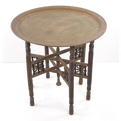 Middle Eastern Occasional Table with Patterned Copper Tray and Folding Base