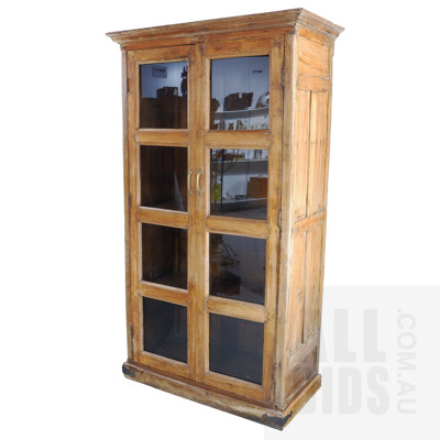 Antique Style Rustic Hardwood Bookcase with Glass Paneled Doors