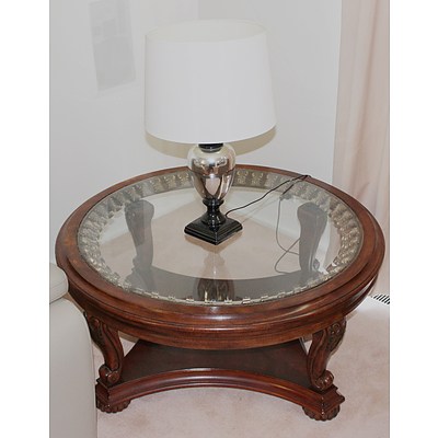 Substantial Coffee Table With Glass Center and Table Lamp