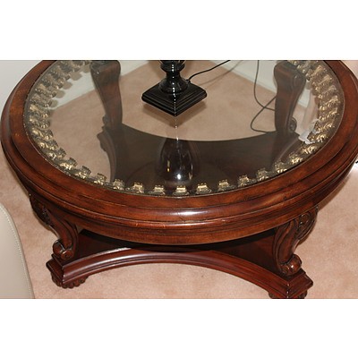 Substantial Coffee Table With Glass Center and Table Lamp