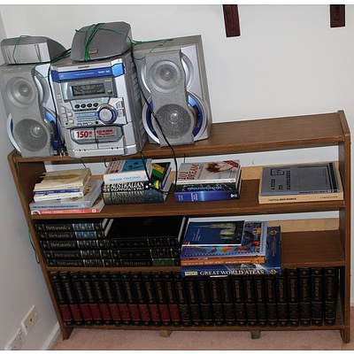 Bookcase With Books, Encyclopaedia Set and Stereo System