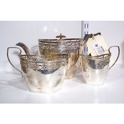 Antique Silver Plated Three Piece Tea Service with Ornate Pierced Gallery - with Inscription Dated 1914