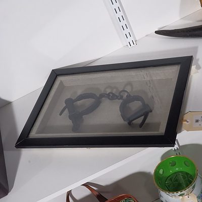 Pair of Replica Antique Iron Handcuffs in Shadow Box Frame