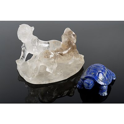 Clear Quartz Tiger Figurine and a Smaller Blue Stone Turtle Figure (2)