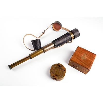 Replica Antique Kelvin and Hughs Nautical Brass Telescope in Leather Case and a Replica Antique Nautical Instrument in Timber Box (2)