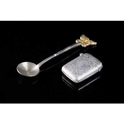 Antique English Hallmarked Silver Vesta Case and an Unmarked Silver Teaspoon with Butterfly Handle