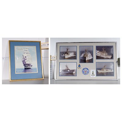 Framed Set of Naval Ship Photographs including Embroidered Badge and a Signed Tallship Photograph